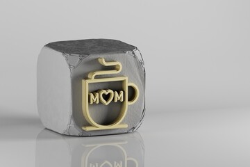 Poster - Beautiful Golden cup with word MOM with heart symbol on a beton cube and white ceramic background. 3d rendering illustration. Background pattern for design. Mothers Day.