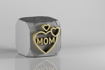 Poster - Beautiful Golden word MOM with heart symbol on a beton cube and white ceramic background. 3d rendering illustration. Background pattern for design. Mothers Day.