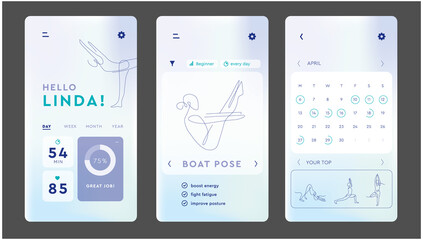 Screen app yoga class. Pilates classes mobile website. smartphone application design one line.