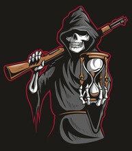 Grim Reaper Holding An Hour Glass In One Hand And Rifle In The Other, Vector Illustration.