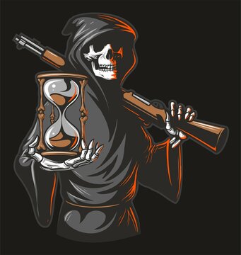 Grim Reaper holding an hour glass in one hand and rifle in the other, vector illustration.