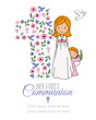 Card my first communion. Girl and angel with a cross in the background