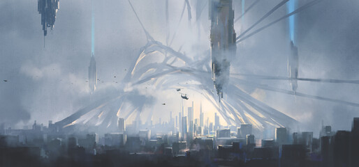 Wall Mural - panorama of a city colonized by aliens