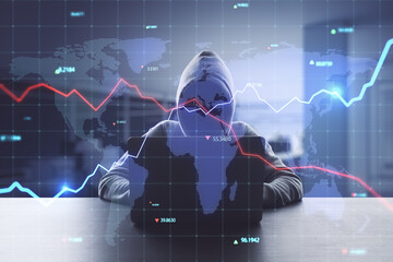 Aufkleber - Hacker at desktop using computers with creative glowing blue map hologram with chart and grid on blurry office interior background. Economy, hacking, world and stock concept. Double exposure.