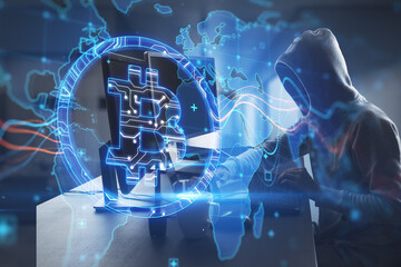 Poster - Side view of hacker at desktop using laptop with creative glowing global bitcoin hologram on blurry office interior background. Hacking, blockchain and crypto concept. Double exposure.
