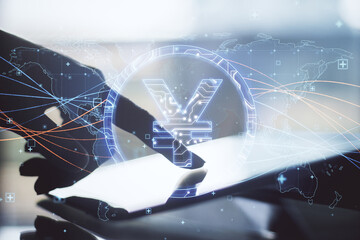 Aufkleber - Close up of hand pointing at tablet with abstract glowing blue yen sign and map with charts on blurry background. Currency, trade and digital market concept. Double exposure.