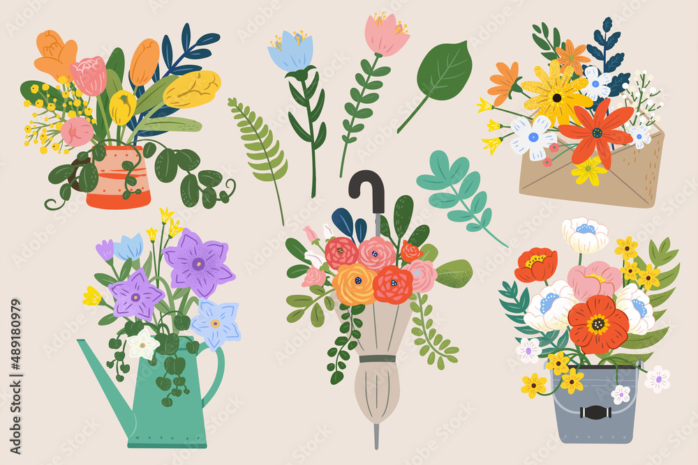 Set of flower bouquet with vases Stock Vector | Adobe Stock