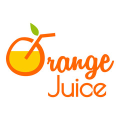 Poster - Logo Juice bar. Banner con caligrafía Orange Juice con letra O con forma de bebida de naranja en color naranja y verde