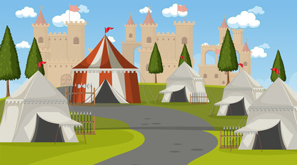 Wall Mural - Medieval town scene camp with tents and castle