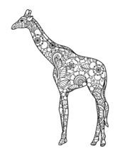 Hand Drawn Vector Illustration Doodle Stylized Animal - Giraffe. Sketch For Book, Poster, Print, Or Tattoo. Adult Antistress Coloring Page.