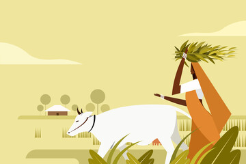 Wall Mural - Illustration of an Indian rural woman walking with a cow in the farm