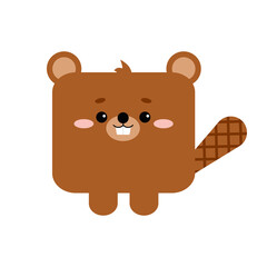 Wall Mural - Square beaver forest animal face with tail icon isolated on white background. Cute cartoon square shape kawaii rodent kid avatar character. Vector flat clip art illustration mobile ui game application