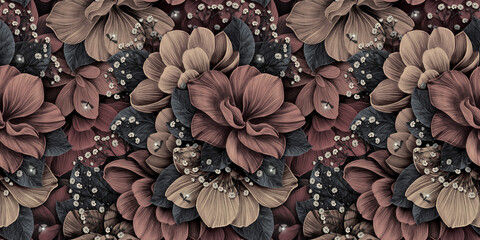 luxury wallpaper, mystical seamless pattern, vintage floral background. delicate big flowers, hydran
