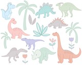 Fototapeta Dinusie - Set funny dinosaurs and plants. Hand drawn cute characters for kids. Dino cartoon collection vector illustration