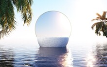 3D Podium Scene On Palm Beach. Ceramic Sphere Background Circle Forms With Glass Wall On Water. 3d Rendering Illustration.