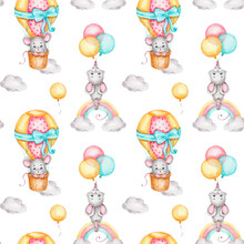 Seamless Pattern With Cute Mice, Balloons, Clouds, Raimnbows, Air Balloons; Watercolor Hand Drawn Illustration; With White Isolated Background