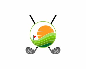 Sticker - Golf field in the sunset with crossing golf stick behind