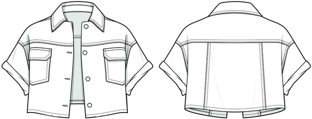 Women Trucker Jacket, Crop Shirt, Leather Jackets, Bomber Jacket, Biker Jacket, Moto Racer Jacket, Denim Shirt Fashion Illustration, Vector, CAD, Technical Drawing, Flat drawing.