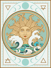 Tarot Card Sun And Waves Occult, Fortune Telling, Tapestry