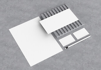 Wall Mural - Base white stationery mockup template for branding identity on a gray concrete background for graphic designers presentations and portfolios. 3D rendering.