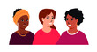 Group of smiling young women of different nationalities and cultures. Feminism, sisterhood concept,  female friendship. Happy international women's day. Isolated vector illustration in flat style.