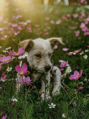 Sticker - Vertical shot of a Jack Russell terrier sitting on a field surrounded by pink flowers