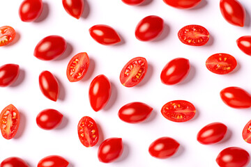 Poster - Red cherry tomatoes with half sliced isolated on white background.Top view. Flat lay. Tomato seamless texture pattern background.