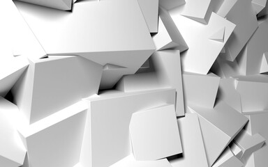 Poster - Abstract background with white 3D shapes flying in the light as a messy array or chaotic structure for any pastel backdrop. 3D illustration