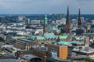 Wall Mural - An aerial view of the cityscape of Hamburg with the town hall from the St Michaelis Church