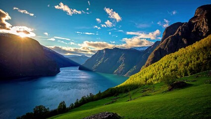 sunset time lapse over dramatic fjord landscape, epic beauty ; flam, norway