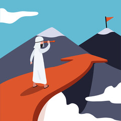 Wall Mural - Business flat drawing Arabian businessman standing on arrow looking with telescope growth and to achieve higher. Cartoon of sky with cloud and mountain. Business concept metaphor. Vector illustration