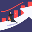 © onetime - Business concept design Arab businesswoman running on arrow up go to success, graph. Business vision. Investment profit and earning, stock market growth or fund. Vector illustration flat cartoon style