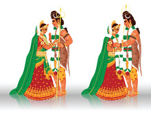 Character Of Lord Shiva And Goddess Parvati During Marriage In Two Images Against White Background.