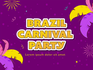 Poster - Sticker Style Brazil Carnival Party Font With Feathers And Fireworks On Purple Background.