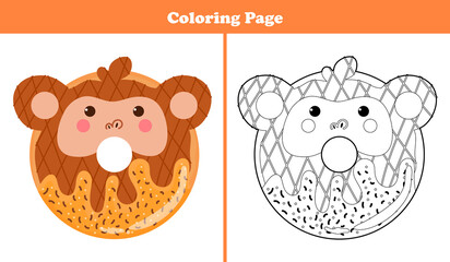 Wall Mural - Printable coloring page for kids with sweet monkey shape donut with icing and chocolate in cartoon style, game for children books