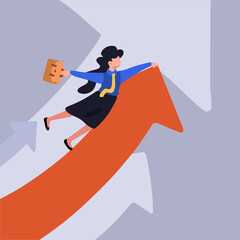 Wall Mural - Business concept design businesswoman holding on up arrow symbol. Female manager flying on growth arrow up. Business development, success strategy, innovation. Vector illustration flat cartoon style