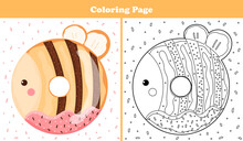 Printable Coloring Page For Kids With Sweet Bee Shape Donut With Icing And Chocolate In Cartoon Style, Game For Children Books