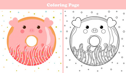 Wall Mural - Printable coloring page for kids with sweet pig shape donut with icing and chocolate in cartoon style, game for children books