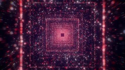 Poster - Space tunnel with square neon lines. Motion. Beautiful tunnel with bright colorful particles and neon squares. Dive into a space portal with luminous particles