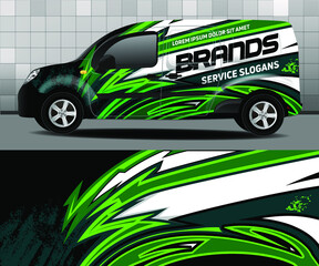 Delivery van vector design. Car design development for the company. Black background with light green and gray stripes for car vinyl sticker. Car sticker. 

