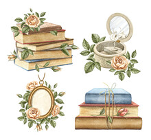 Set With Vintage Music Box, Stacks Of Books, Gold Medallion And Roses Foliage Isolated On White Background. Watercolor Hand Drawn Illustration Sketch