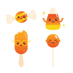 Set, collection of cute cartoon style candy and sweet products. Funny and smiling sweets, candy corn, ice cream, lollipop characters for confectionery design.