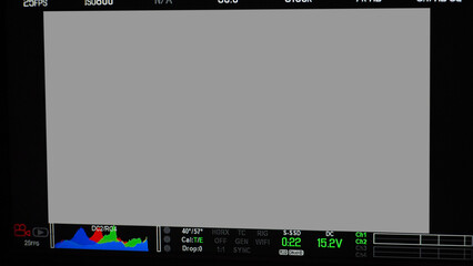 Video recording interface. VDO production recording camera viewfinder on monitor. Movie Camera frame viewfinder screen. Film recorder digital display interface UI. Shooting indicator settings screen.