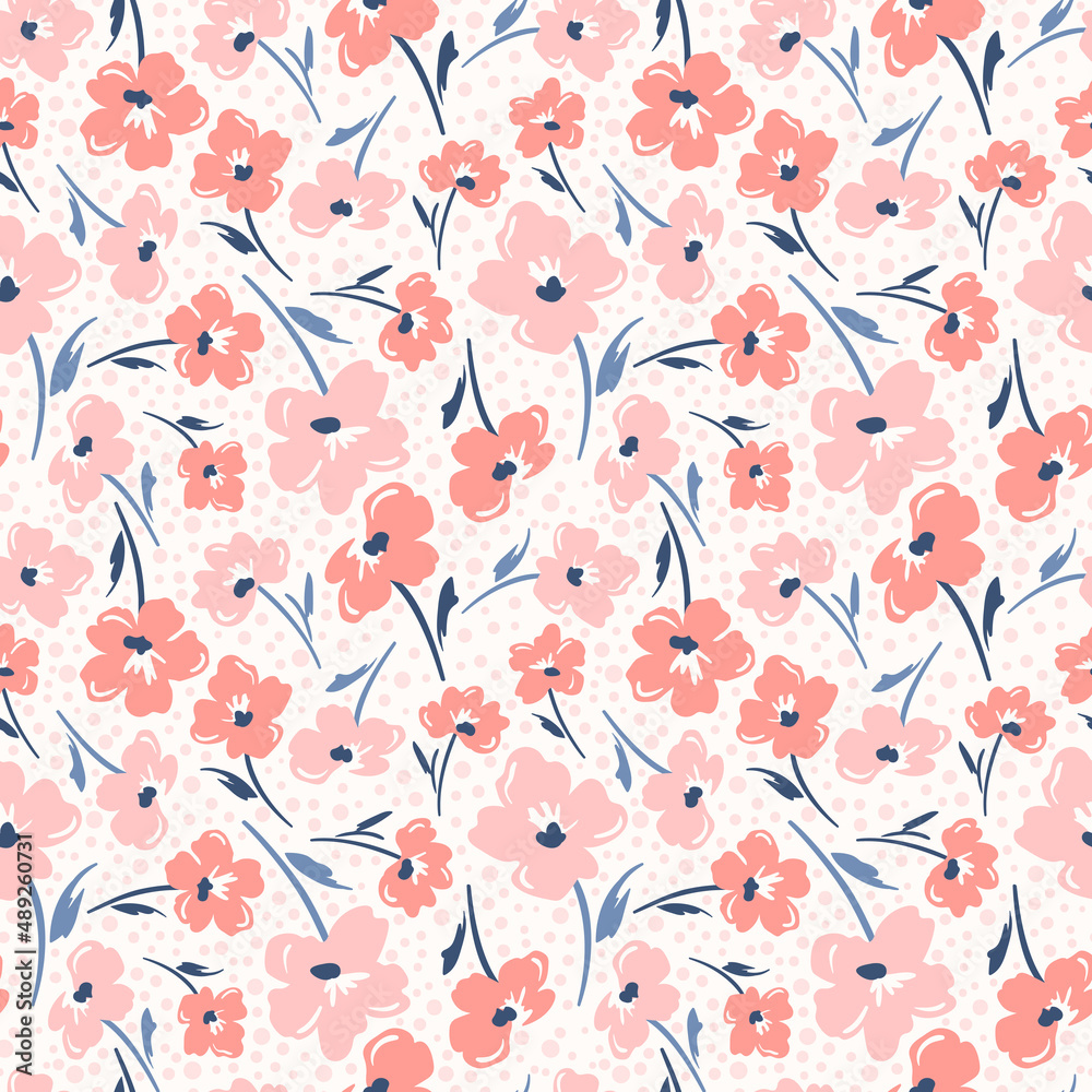 Vector seamless ditsy floral pattern with coral flowers on polka dots ...
