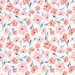 Vector seamless ditsy floral pattern with coral flowers on polka dots background