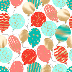 Gold, red and turquoise balloons on white background. Colorful birthday party seamless pattern