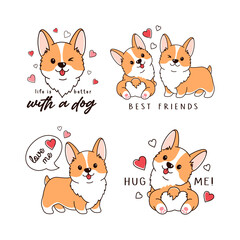 Vector set of cute Pembroke Welsh corgi dogs. Colorful illustrations on white background