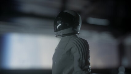 Wall Mural - astronaut going through the tunnel to another compartment of futuristic spaceship. 3d rendering