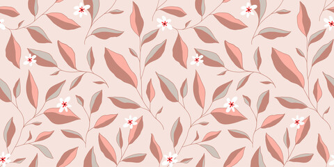 Seamless pattern with leaves and little flowers. Vector elegant floral background.