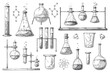 Set of different pharmaceutical flasks, beakers and test tubes. A sketch of chemical laboratory objects.